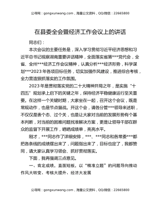 在县委全会暨经济工作会议上的讲话