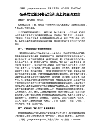 在基层党组织书记培训班上的交流发言