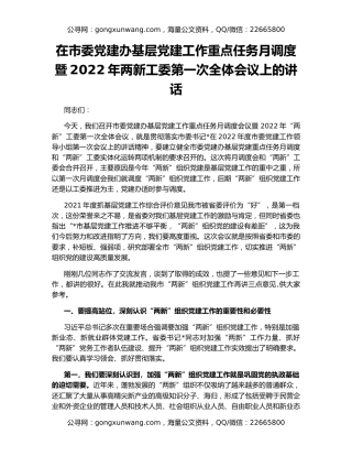 在市委党建办基层党建工作重点任务月调度暨2022年两新工委第一次全体会议上的讲话