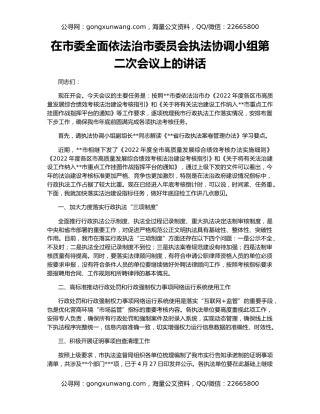 在市委全面依法治市委员会执法协调小组第二次会议上的讲话