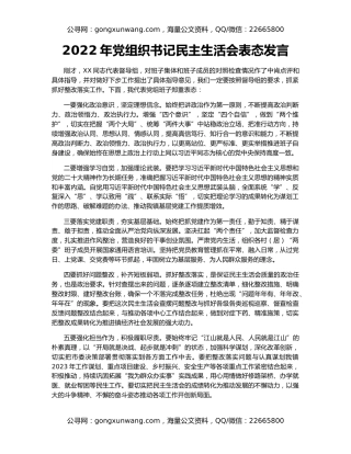 2022年党组织书记民主生活会表态发言