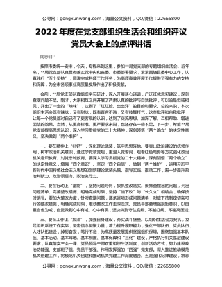 2022年度在党支部组织生活会和组织评议党员大会上的点评讲话