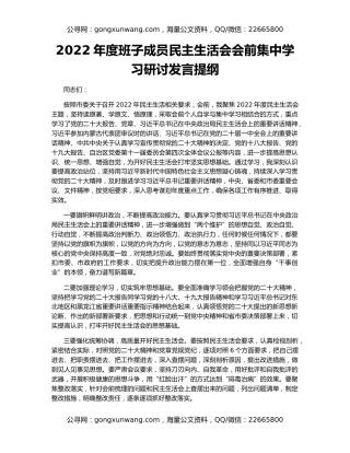 2022年度班子成员民主生活会会前集中学习研讨发言提纲