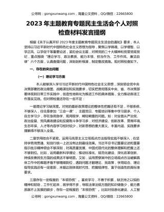 2023年主题教育专题民主生活会个人对照检查材料发言提纲