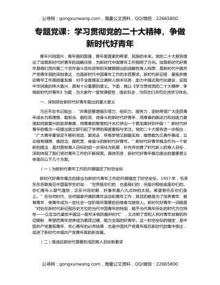 专题党课：学习贯彻党的二十大精神，争做新时代好青年