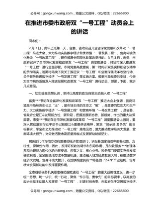 在推进市委市政府双“一号工程”动员会上的讲话
