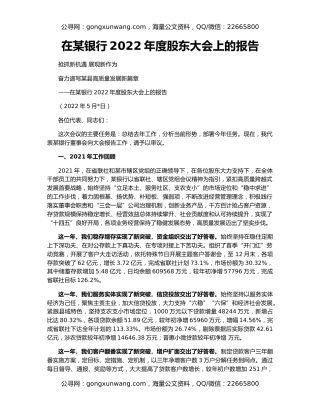 在某银行2022年度股东大会上的报告