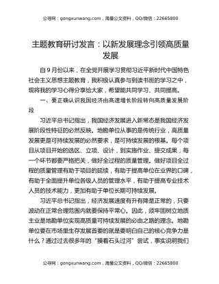 主题教育研讨发言：以新发展理念引领高质量发展