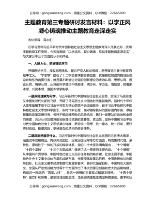 主题教育第三专题研讨发言材料：以学正风凝心铸魂推动主题教育走深走实