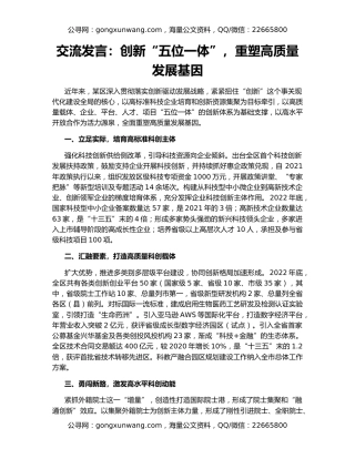 交流发言：创新“五位一体”，重塑高质量发展基因