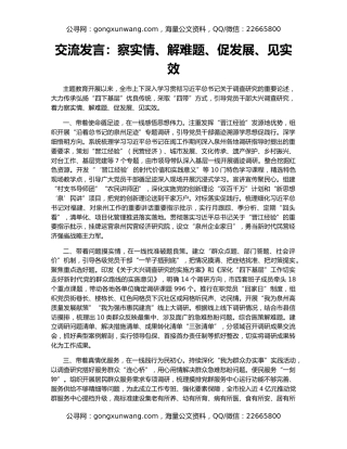 交流发言：察实情、解难题、促发展、见实效