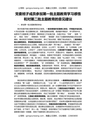 党委班子成员参加第一批主题教育学习感悟和对第二批主题教育的意见建议