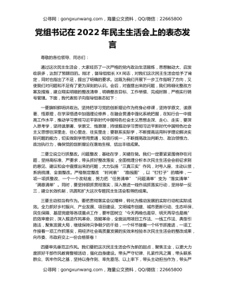 党组书记在2022年民主生活会上的表态发言