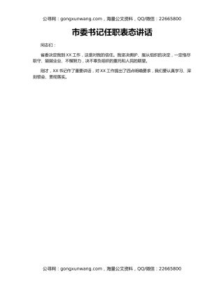 市委书记任职表态讲话