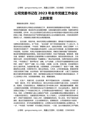 公司党委书记在2023年全市党建工作会议上的发言