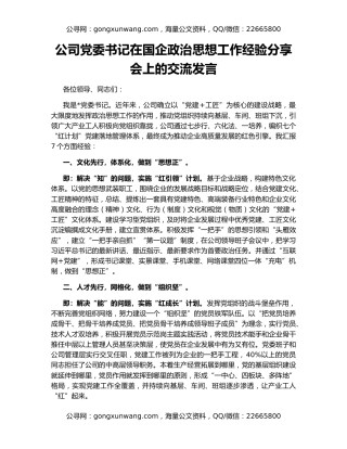 公司党委书记在国企政治思想工作经验分享会上的交流发言