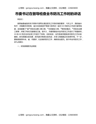 市委书记在督导检查全市防汛工作时的讲话