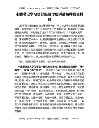 市委书记学习省部级研讨班讲话精神发言材料