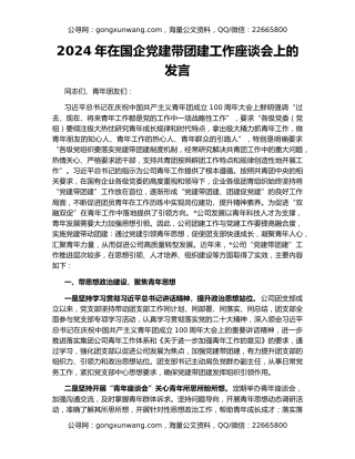 2024年在国企党建带团建工作座谈会上的发言