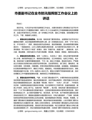 市委副书记在全市防汛指挥部工作会议上的讲话