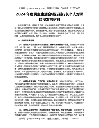 2024年度民主生活会银行副行长个人对照检视发言材料