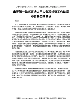 市委第一轮巡察选人用人专项检查工作动员部署会总结讲话