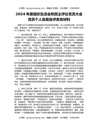 2024年度组织生活会和民主评议党员大会党员个人自查自评发言材料
