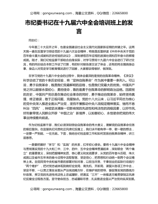 市纪委书记在十九届六中全会培训班上的发言