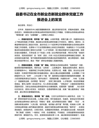 县委书记在全市新业态新就业群体党建工作推进会上的发言