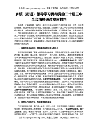 乡镇（街道）领导学习贯彻党的二十届三中全会精神研讨发言材料