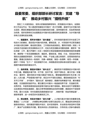 县委常委、组织部部长研讨发言：党建“导航”  推动乡村振兴“提档升级”