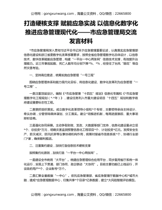 打造硬核支撑 赋能应急实战 以信息化数字化推进应急管理现代化——市应急管理局交流发言材料