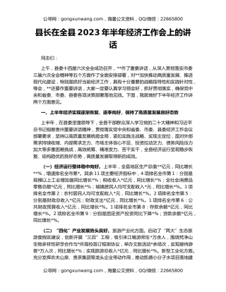 县长在全县2023年半年经济工作会上的讲话