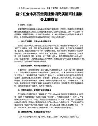 县长在全市高质量党建引领高质量研讨座谈会上的发言