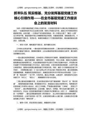 抓牢队伍 筑实根基，充分发挥基层党建工作核心引领作用——在全市基层党建工作座谈会上的发言材料