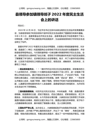 县领导参加镇领导班子2022年度民主生活会上的讲话