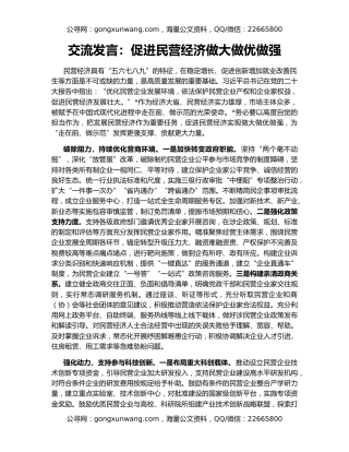 交流发言：促进民营经济做大做优做强