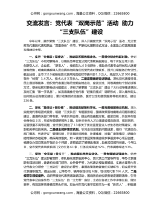 交流发言：党代表“双岗示范”活动  助力“三支队伍”建设