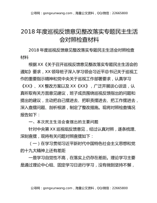 2018年度巡视反馈意见整改落实专题民主生活会对照检查材料