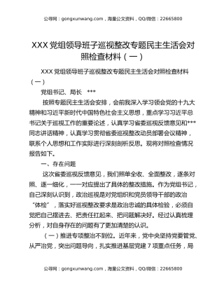 XXX党组领导班子巡视整改专题民主生活会对照检查材料（一）