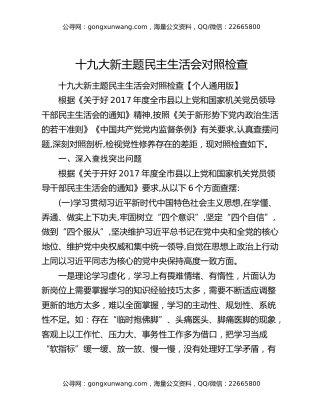 ​十九大新主题民主生活会对照检查