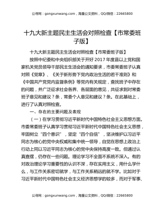 ​十九大新主题民主生活会对照检查【市常委班子版】
