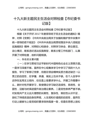​十九大新主题民主生活会对照检查【市纪委书记版】