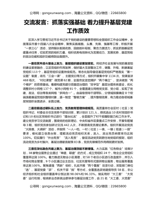交流发言：抓落实强基础 着力提升基层党建工作质效
