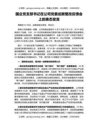 国企党支部书记在公司党委巡察整改反馈会上的表态发言