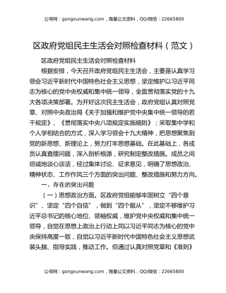 区政府党组民主生活会对照检查材料（范文）