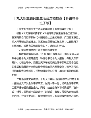十九大新主题民主生活会对照检查【乡镇领导班子版】