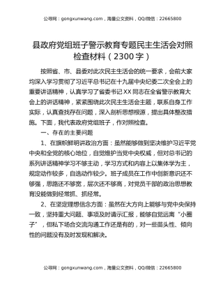 县政府党组班子警示教育专题民主生活会对照检查材料（2300字）