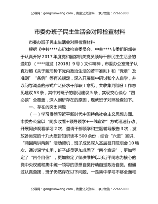市委办班子民主生活会对照检查材料