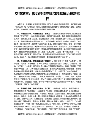 交流发言：聚力打造党建引领基层治理新标杆